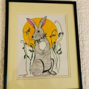 NWOT Framed & Matted Hand-Drawn Whimsical Bunny Art Print (Great for Easter!)
